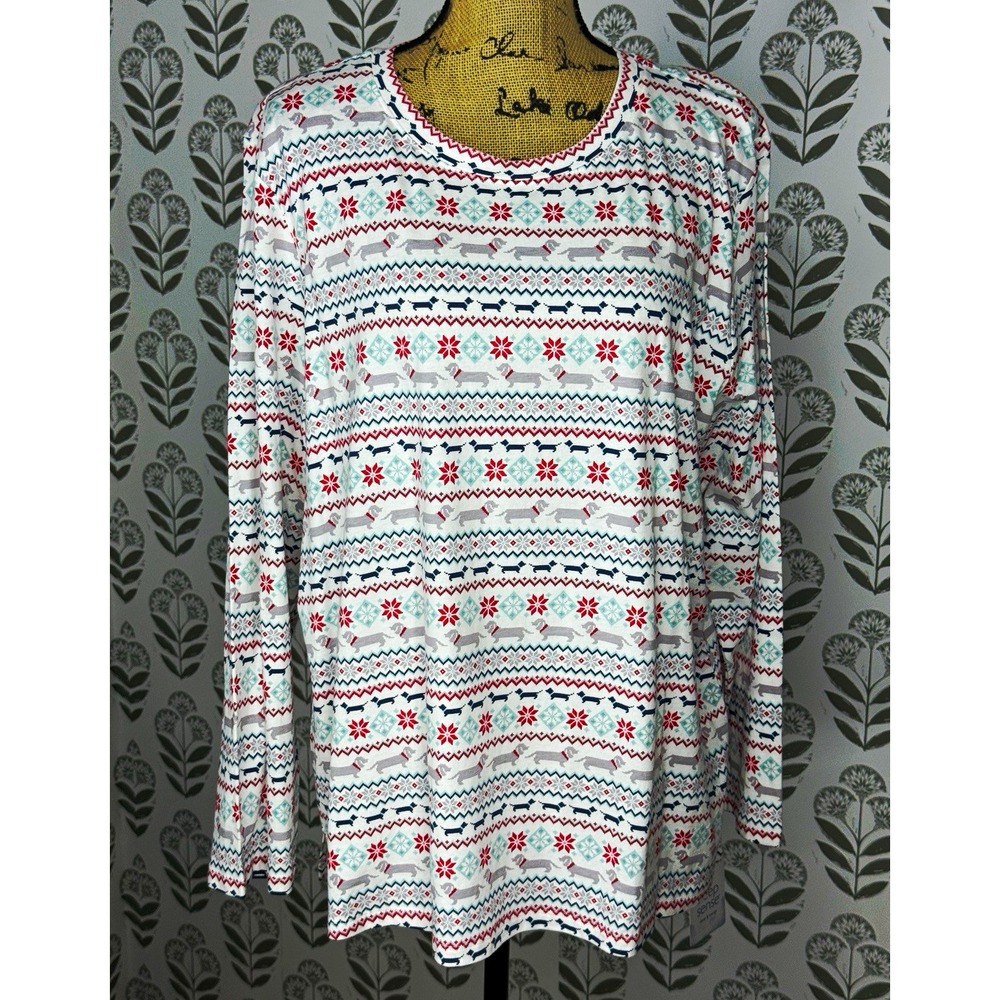 Sleep Sense Women's Fair Isle Dachshund Dog Print Long Sleeve Pajama Top XL NWT